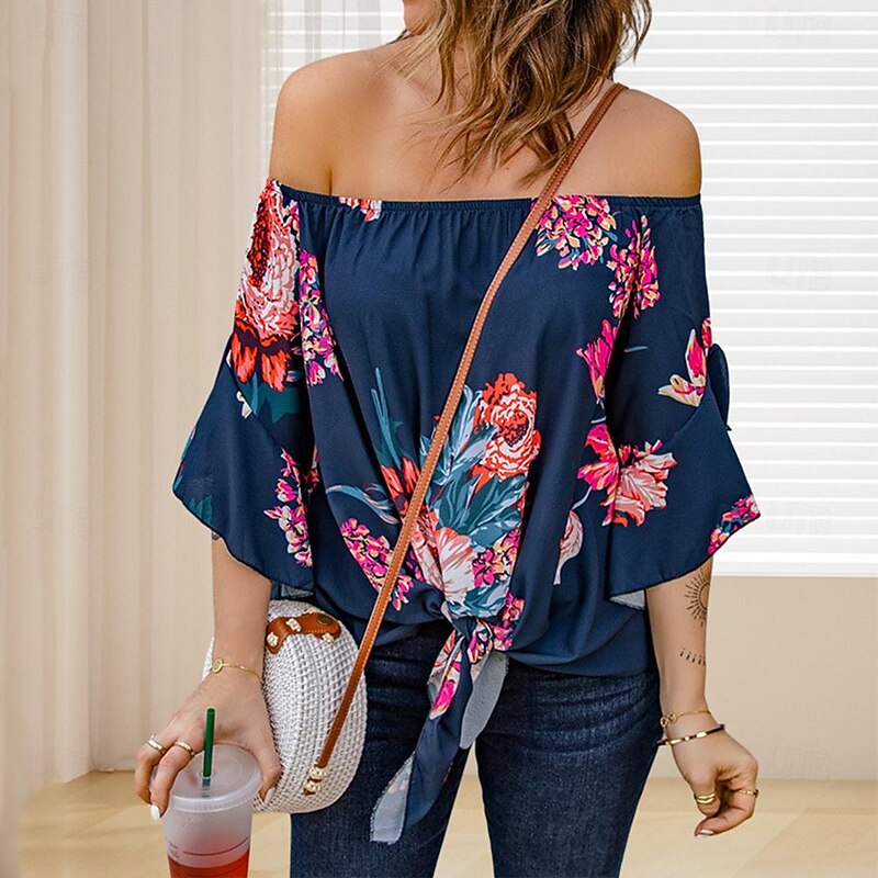 Women's Shirt Blouse Floral Striped Casual Half Sleeve Off Shoulder Regular Tops Vacation Daily Lace up Print Blue Spring & Summer