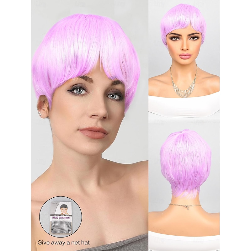Synthetic Wig Natural Straight Neat Bang Wig 8 inch A1 Synthetic Hair Women's Purple