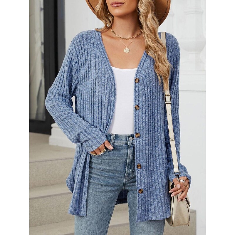 Women's Tunic Blouse Casual Solid Color Buttons Long Sleeve Regular Tops V Neck Daily Blue Purple Khaki Gray Spring Fall Winter2