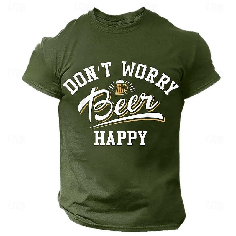 Men's T-Shirt with 'Don't Worry Beer Happy' Graphic, Funny Short Sleeve Beer Lover Design4