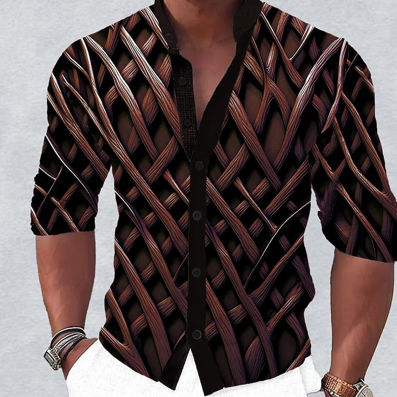 Men's Geometric Pattern Shirt Button Up Shirt Long Sleeve Casual Daily Holiday Summer Spring &  Fall Standing Collar Buttons Print Blue Multicolor Purple Brown4
