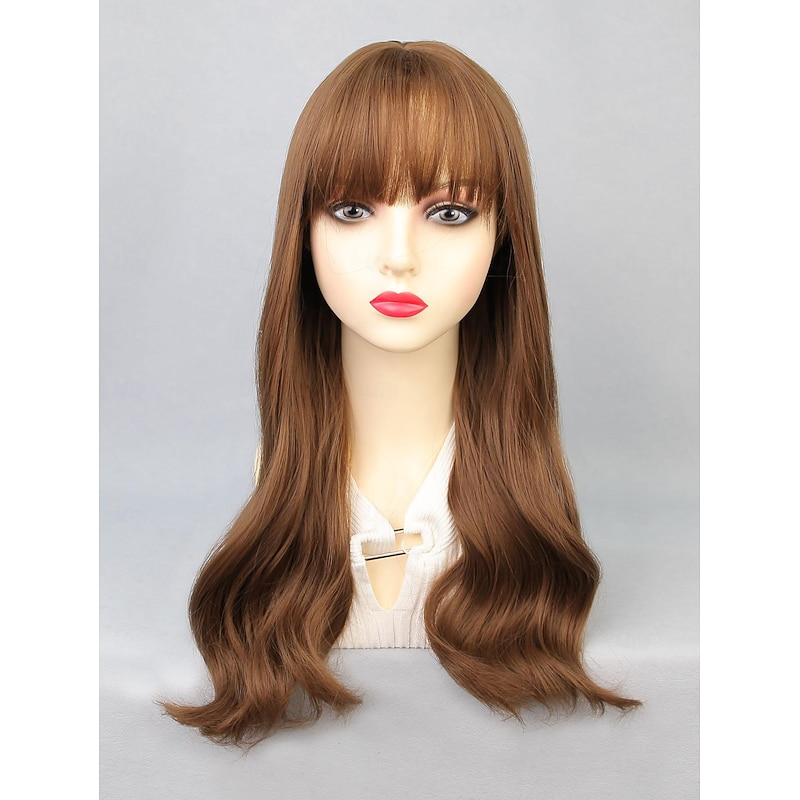 Synthetic Wig Bouncy Curl Neat Bang Wig 22 inch Light Brown Synthetic Hair Women's Light Brown2