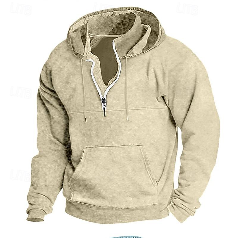 Men's Hoodie Quarter Zip Hoodie Apricot Black Navy Blue Dark Gray Hooded Plain Pocket Sports & Outdoor Daily Holiday Polyester Streetwear Basic Casual Spring &  Fall Clothing Apparel Hoodies3