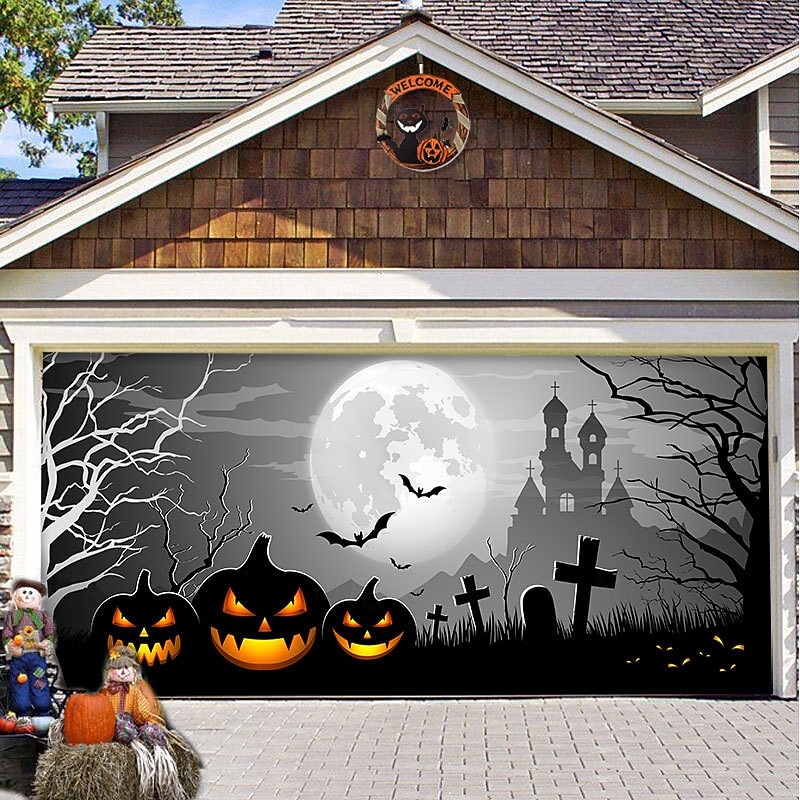 Halloween Door Decorations Halloween Garage Door Cover Pumpkins Jack O Lantern Outdoor Banner Ghost Bats Large Backdrop Decoration for Holiday Out door Decorations Door Home Wall Decorations 19