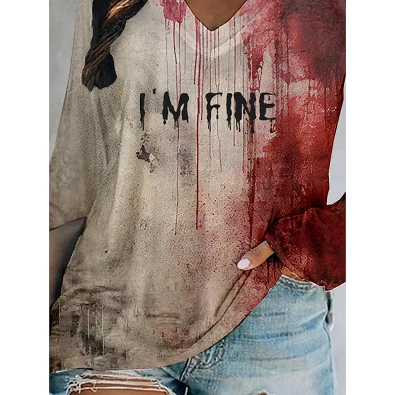 Halloween Women's T Shirt Bloodstain V Neck Long Sleeve Graphic Casual Color Block Letter Abstract Regular Tops Daily Print Red Spring Fall & Winter3