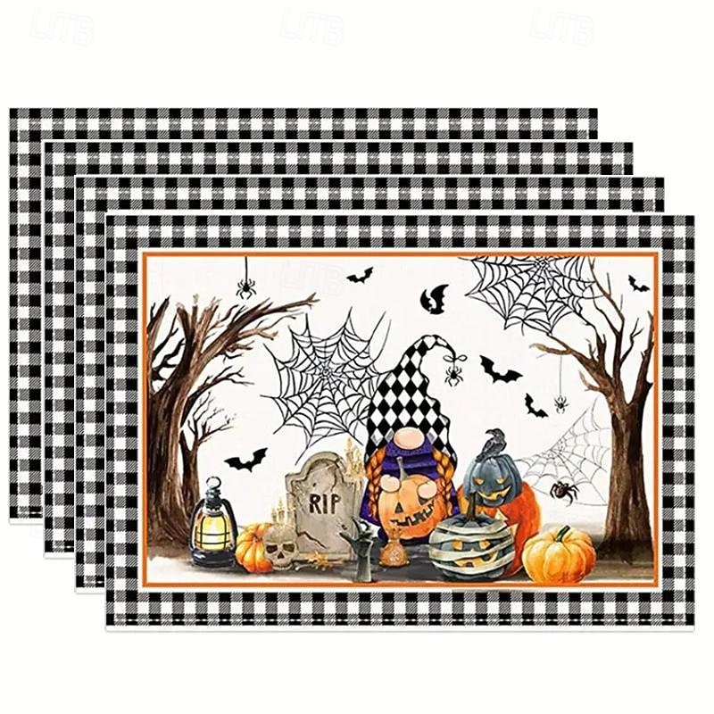 4pcs/set Halloween Placemats,12x18 Inch Pumpkin Ghost Truck Bats Buffalo Plaid Washable Linen Dining Table Place Mats Farmhouse Seasonal Kitchen Dinner Party Holiday Decor