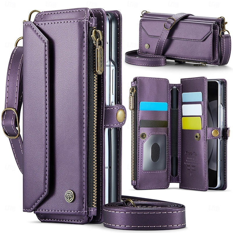 Phone Case For Samsung Galaxy Z Fold 5 Z Fold 4 Z Fold 3 Wallet Case Zipper with Lanyard with Wrist Strap Retro - Main Image