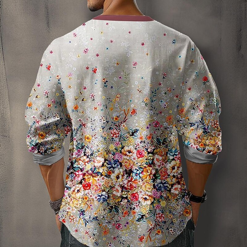 Men's Floral Shirt Button Up Shirt Henley Shirt Long Sleeve Vintage Casual Daily Holiday Summer Spring Fall Collarless V Neck Print Gray2