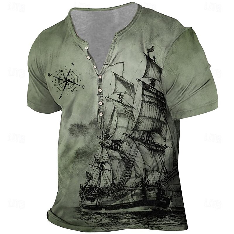 Men's Ship T Shirt Short Sleeve 3D Print Vintage Daily Summer Spring Fall Red Navy Blue Brown Green Gray Henley Collar Henley T-Shirt4