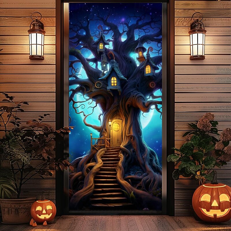 Halloween Door Decorations Halloween Door Covers Jack O Lantern Door Tapestry Pumpkin Crow Door Curtain Decoration Backdrop Door Banner for Front Door Farmhouse Holiday Party Decor Supplies 6