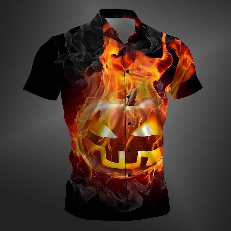 Halloween Men's Pumpkin Halloween Costumes Shirt Button Up Shirt Short Sleeve Casual Dark Party Evening Wear Daily Summer Winter Spring &  Fall Turndown Button Up 3D Print Red Purple Orange Green