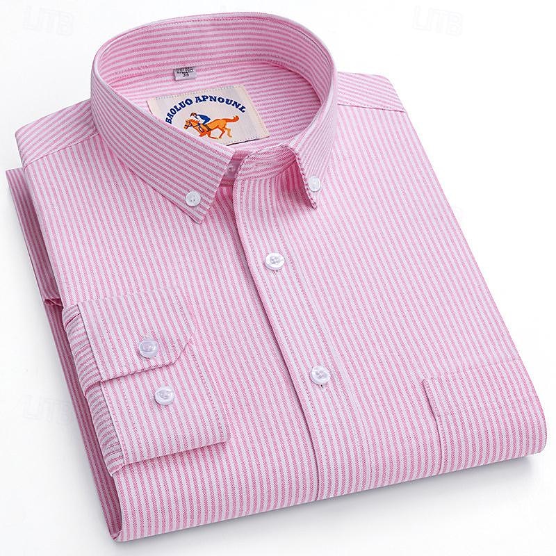 Men's Shirt Dress Shirt Button Up Shirt Stripes Wedding Party Pink Blue Light Grey Dark Gray Long Sleeve Lapel Spring &  Fall Clothing Apparel Front Pocket