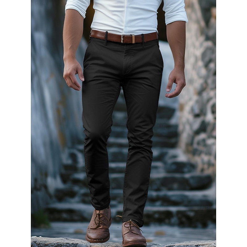 Men's Trousers Chinos Chino Pants Buttons Front Pocket Plain Comfort Business Daily Holiday Fashion Chic & Modern Black White Micro-elastic3