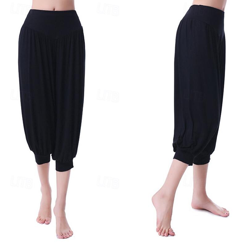 Women's Capri Pants Flares Elastic Waistband High Waist Pilates Gym Workout Workout Capri Pants Solid Color Black White Burgundy Cotton Sports Activewear Stretchy Loose Fit3