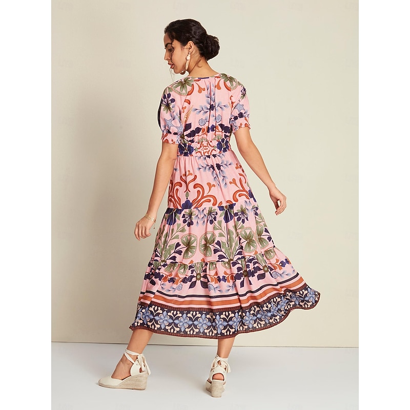 Floral Lace Up Elegant Short Sleeve Midi Dress2