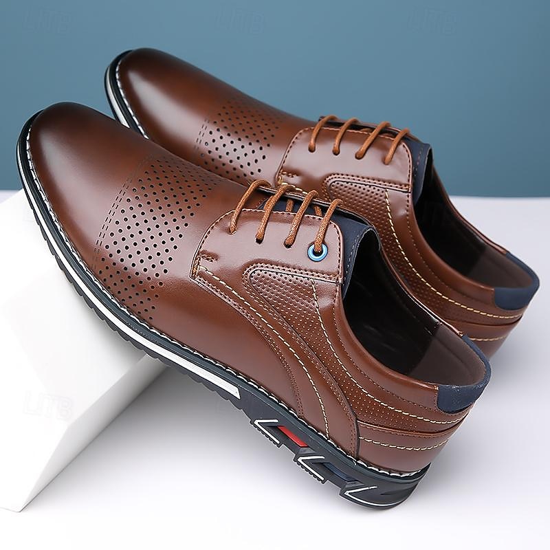 Men's Brown Leather Oxford Dress Shoes with Breathable Perforations and Comfortable Sole for Business and Formal Events2