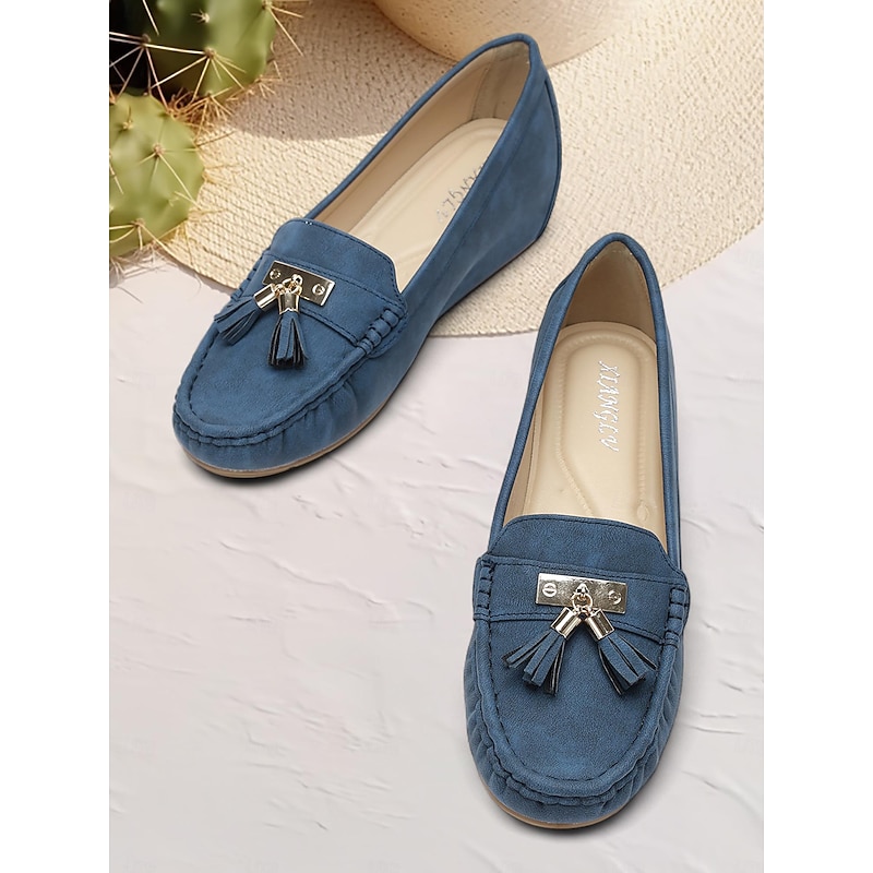 Women's Blue Suede Loafers with Tassels – Comfortable Slip-On Moccasins for Casual and Everyday Wear