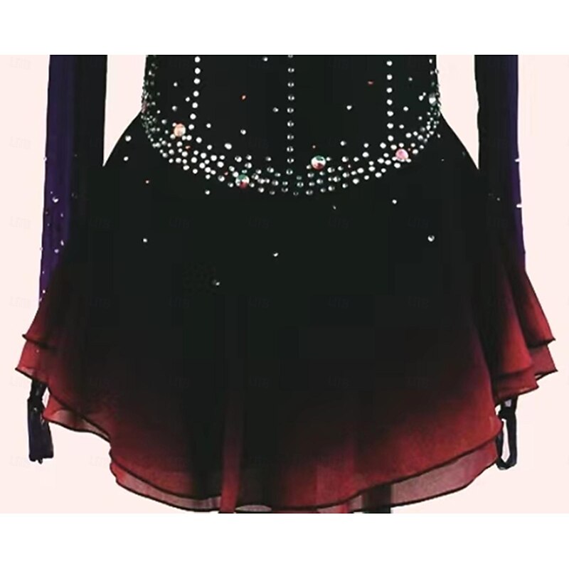 Figure Skating Dress Women's Girls' Ice Skating Dress Black Red Thumbhole Halo Dyeing Mesh Spandex Stretchy Training Practice Professional Skating Wear Thermal Warm Classic Crystal / Rhinestone Long4
