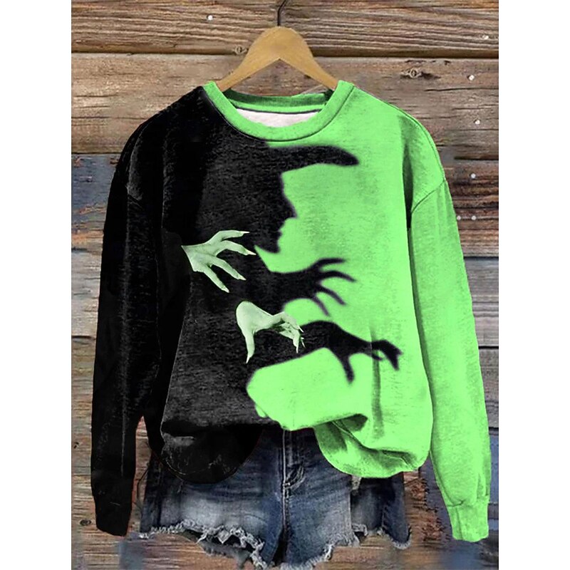 Halloween Women's T Shirt Color Block Casual Long Sleeve Crew Neck Regular Tops Daily Print Purple Green Gray Spring Fall & Winter4