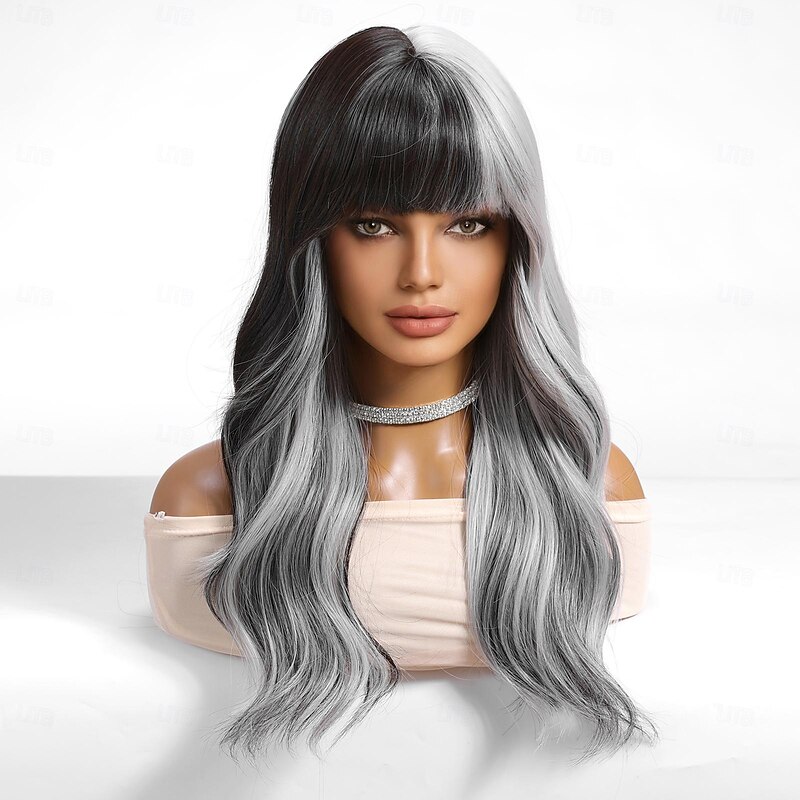 Synthetic Wig Uniforms Career Costumes Princess Curly Wavy Middle Part Layered Haircut Machine Made Wig 26 inch Black-white Synthetic Hair Women's Cosplay Party Fashion Natural Black3