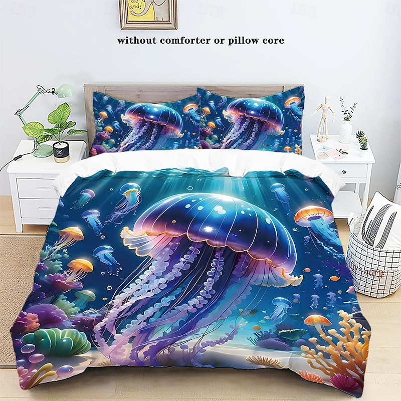 Underwater Ocean Dream Jellyfish Duvet Cover - Enchanting Marine Life Design - Soft and Comfortable Fabric - Perfect for Adding a Mystical Touch to Your Bedroom Decor - Easy to Wash and Maintain