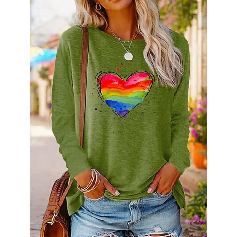 Women's T Shirt Heart Fashion Casual Long Sleeve Round Neck Regular Tops Daily Weekend Print Green Spring &  Fall Spring, Fall, Winter, Summer
