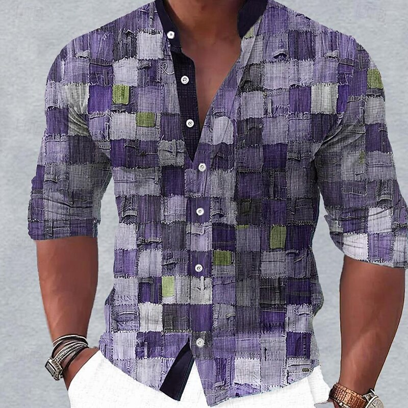 Men's Plaid Geometric Pattern Shirt Button Up Shirt Long Sleeve Casual Daily Holiday Summer Spring &  Fall Standing Collar Buttons Print Pink Blue Plum Purple4