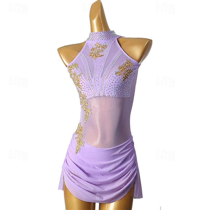 Figure Skating Dress Women's Girls' Ice Skating Dress Light Purple Patchwork Open Back Mesh Spandex High Elasticity Training Practice Professional Skating Wear Classic Crystal / Rhinestone Sleeveless3