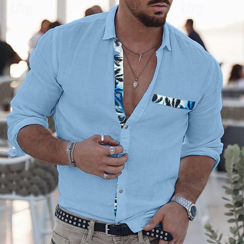 Men's Shirt Summer Shirt Button Up Shirt Casual Shirt Beach Shirt Black Blue Long Sleeve Color Block Lapel Hawaiian Holiday Front Pocket Clothing Apparel Fashion Casual Comfortable2