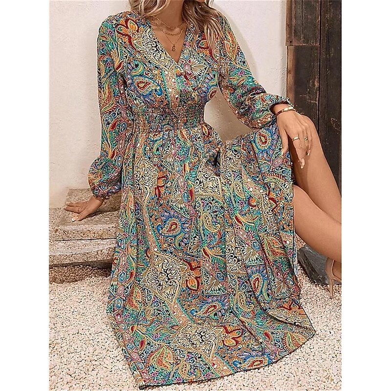 Women's Long Dress Maxi Dress Casual Dress Swing Dress A Line Dress Boho Dress Casual Boho Vacation Daily Date Loose Fit Floral Long Sleeve V Neck Yellow Red Green Fall