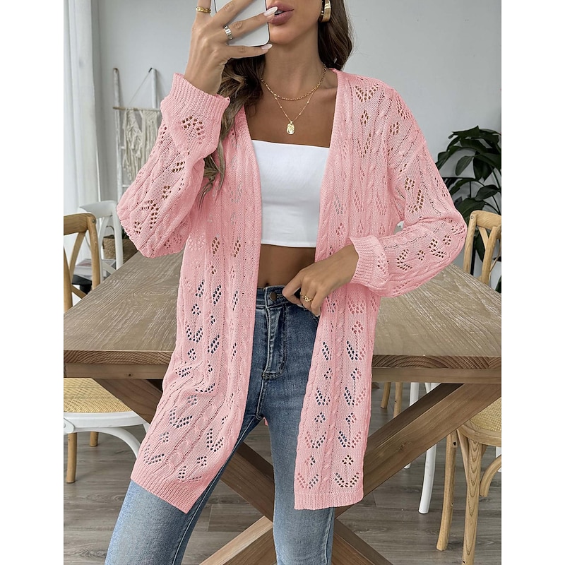 Women's Cardigan Coat Casual Solid Color Ribbed Open Front Knitted Long Sleeve Regular Tops Knit Daily Black White Spring Fall2