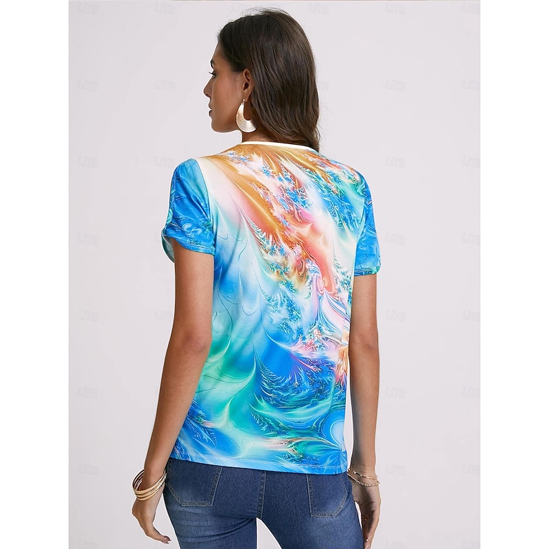 Women's T Shirt Henley Shirt Graphic Basic Neon & Bright Short Sleeve V Neck Regular Tops Daily Weekend Cut Out Buttons Print Blue Purple Green3
