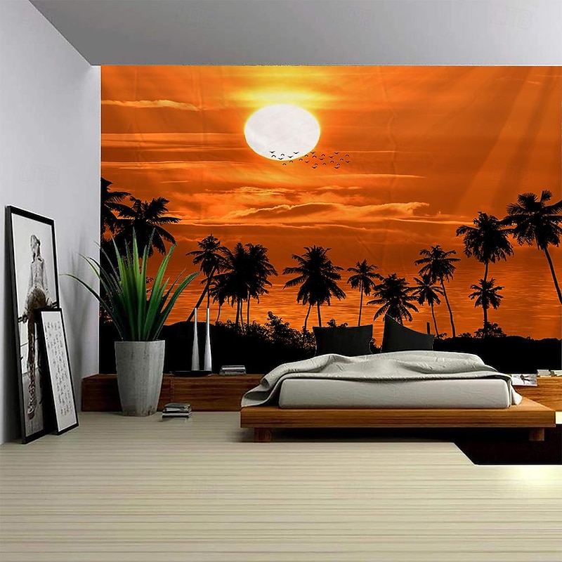 Sunset Palm Trees Hanging Tapestry Wall Art Large Tapestry Mural Decor Photograph Backdrop Blanket Curtain Home Bedroom Living Room Decoration4