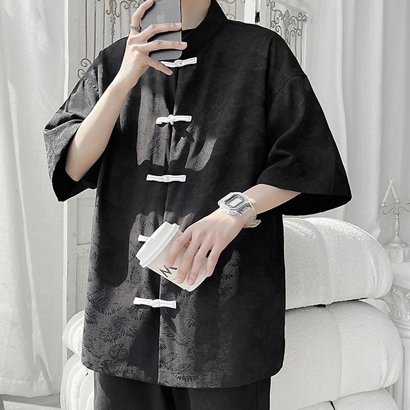 Men's Shirt Chinese Collar Shirt Mandarin Collar Shirt Summer Shirt Casual Shirt Beach Shirt Black White Short Sleeve Plain Mandarin Collar Vacation Holiday Embroidered Clothing Apparel Polyester2
