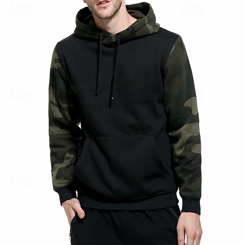 Men's Hoodie Black Army Green Khaki Hooded Color Block Camouflage Patchwork Pocket Sports & Outdoor Daily Holiday Streetwear Basic Casual Spring &  Fall Clothing Apparel Hoodies Sweatshirts