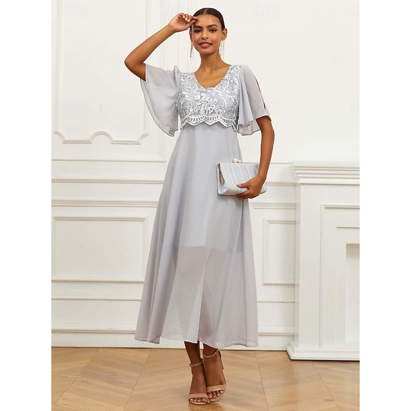 Women's Wedding Guest Cocktail Dress Lace Ruffle V Neck Flounce Sleeve Short Sleeve Maxi Dress Party Elegant Formal Gray Summer3