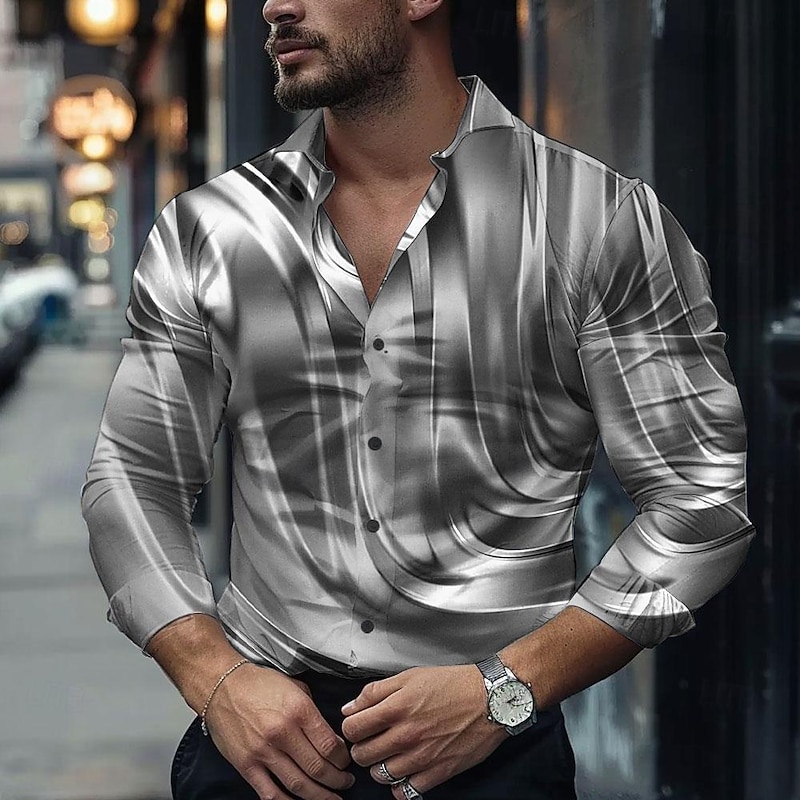 Men's Geometric Pattern Shirt Dress Shirt Button Up Shirt Long Sleeve Fashion Casual Party Evening Wear Business Daily Fall Winter Spring & Summer Turndown Shirt Collar Button Up 3D Print Silver