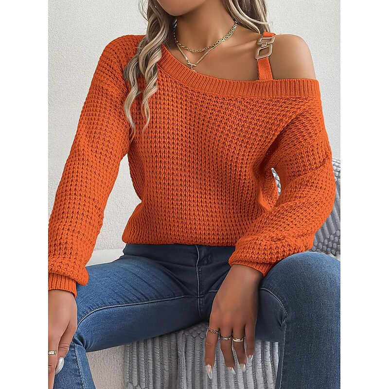 Women's Sweater Stylish Solid Color Ribbed One Shoulder Cold Shoulder Long Sleeve Regular Tops Knit Daily White Pink Spring Fall3