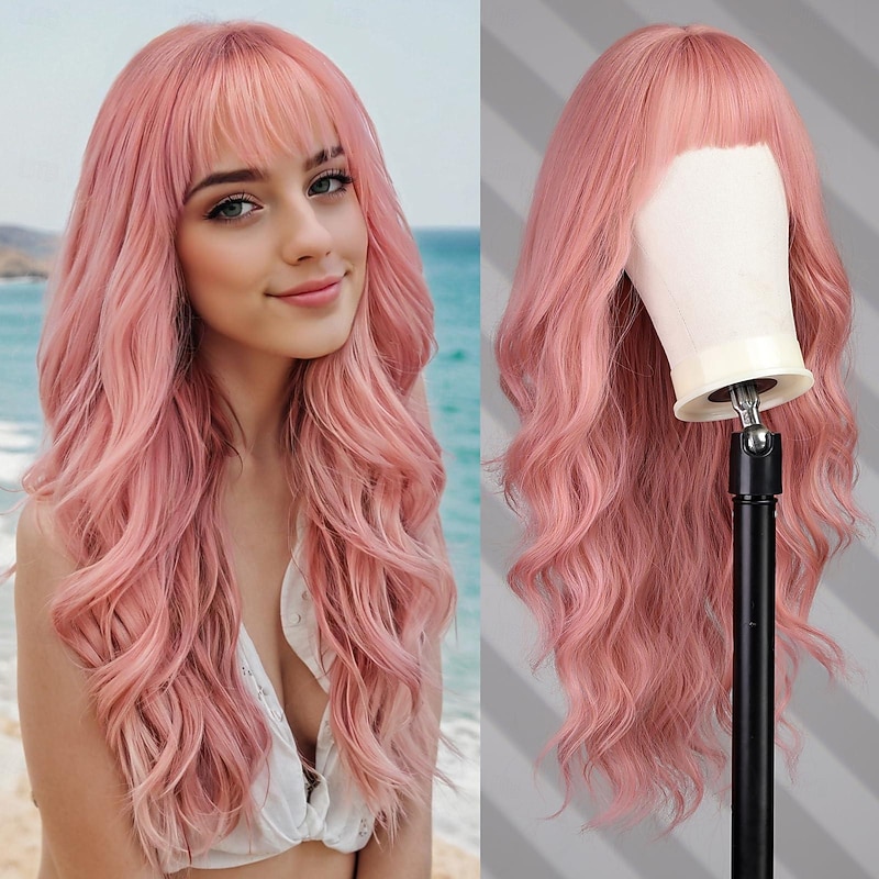 Long Wigs for Women,Synthetic Wavy Hair Wig with Bangs Halloween Cosplay Party Wigs