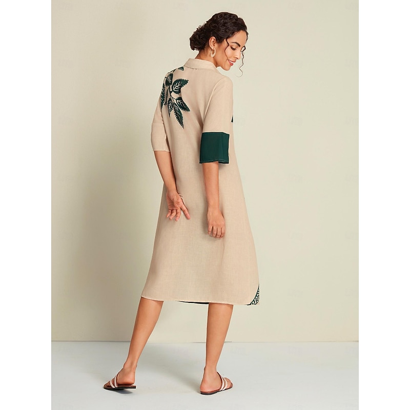 Leaf Print Half Sleeve Midi Shirt Dress2