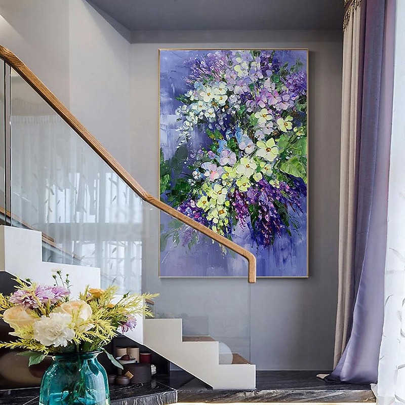 Large original art blooming orchid flower oil painting Abstract Blue Purple Yellow flower wall art living room decor palette knife painting Unframed4