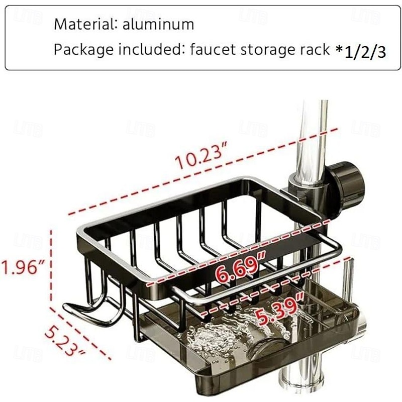 Kitchen Sink Faucet Organizer,Rustproof Aluminum Holder for Sponge, Soap, Brush, Space-Saving Design with Drip Tray, Easy Installation3