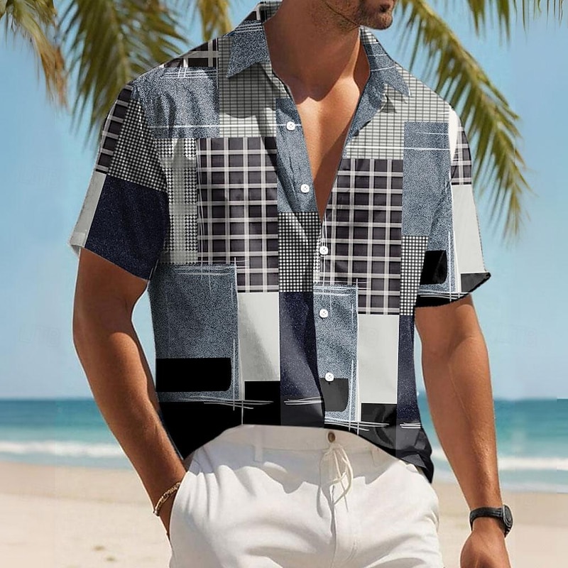 Men's Color Block Geometric Pattern Button Up Shirt Printed Shirts Short Sleeve Casual Resort Outdoor Daily Holiday Summer Turndown Print Button-Down Blue Sky Blue