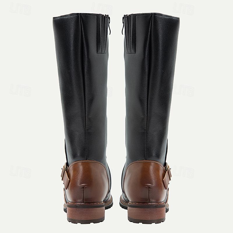 Men's Vintage Black and Brown Leather Riding Boots - Retro Knee-High Boots with Buckle Detail for Casual and Outdoor Wear4