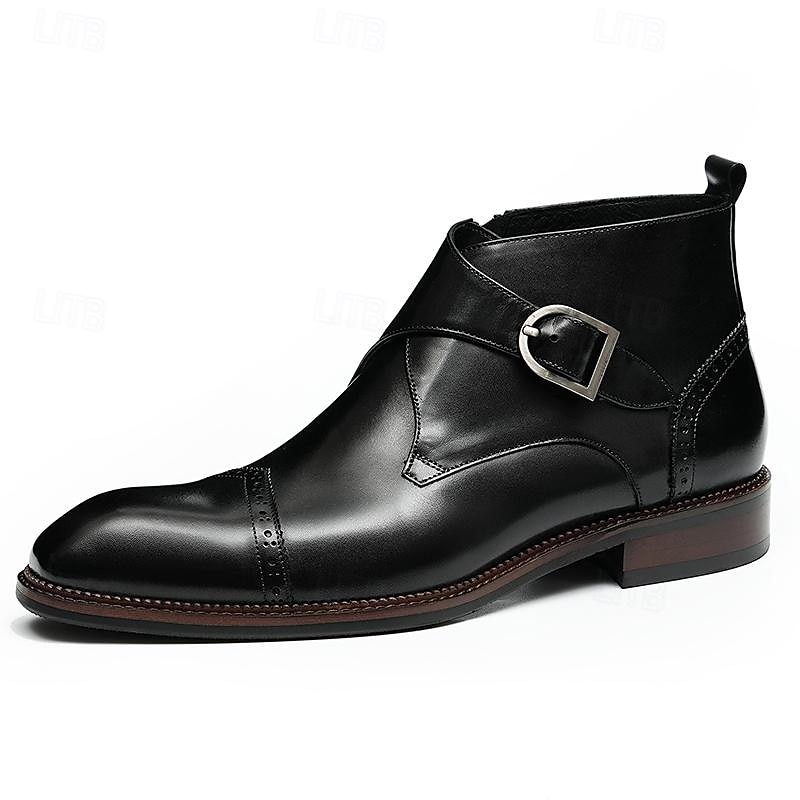 Men's Premium Leather Buckle Ankle Boots - 100% Cowhide Zipper and Brogue Detailing for Formal and Casual Wear3