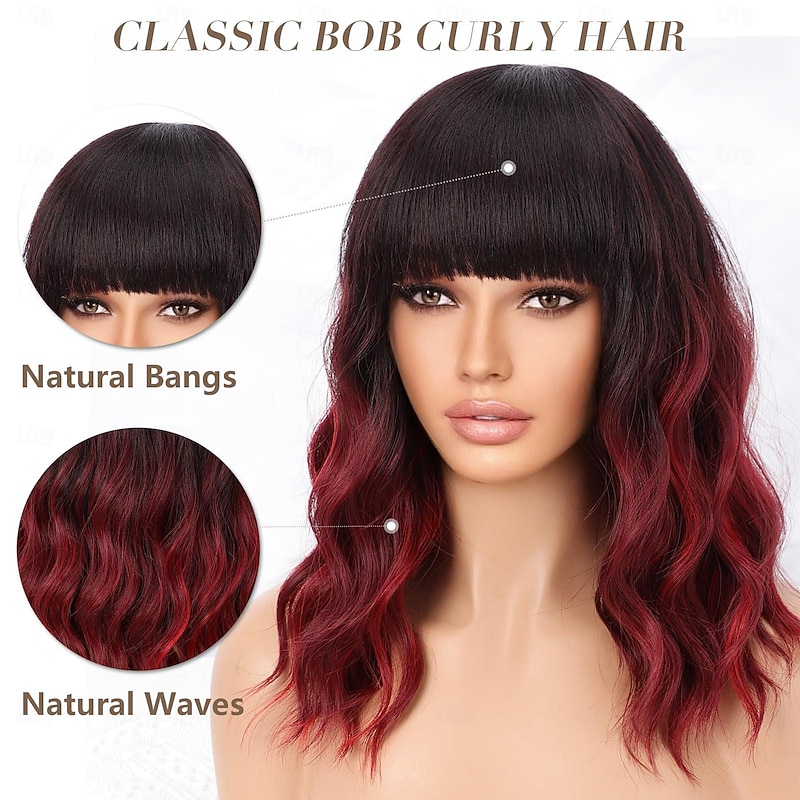 Wig with Bangs for Women Bob Wavy Synthetic Wigs with Natural Shoulder Length Curly Heat Resistant Hair Halloween Cosplay Party Wigs2