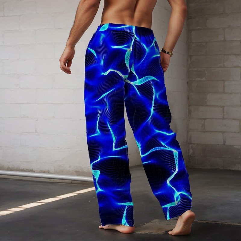Men's Graphic Casual Pants Mid Waist Hawaiian Holiday Straight Leg Summer Spring 3D Print Blue2