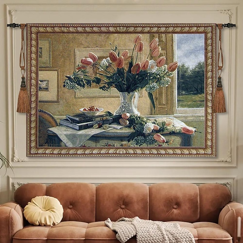 Jacquard Woven Tapestry Gobelin Aubusson Wall Art Hanging Large Tapestry Reproduction Loom Cotton Weave Tulips in a Vase Belgian Tapestry (without tassels and rod)
