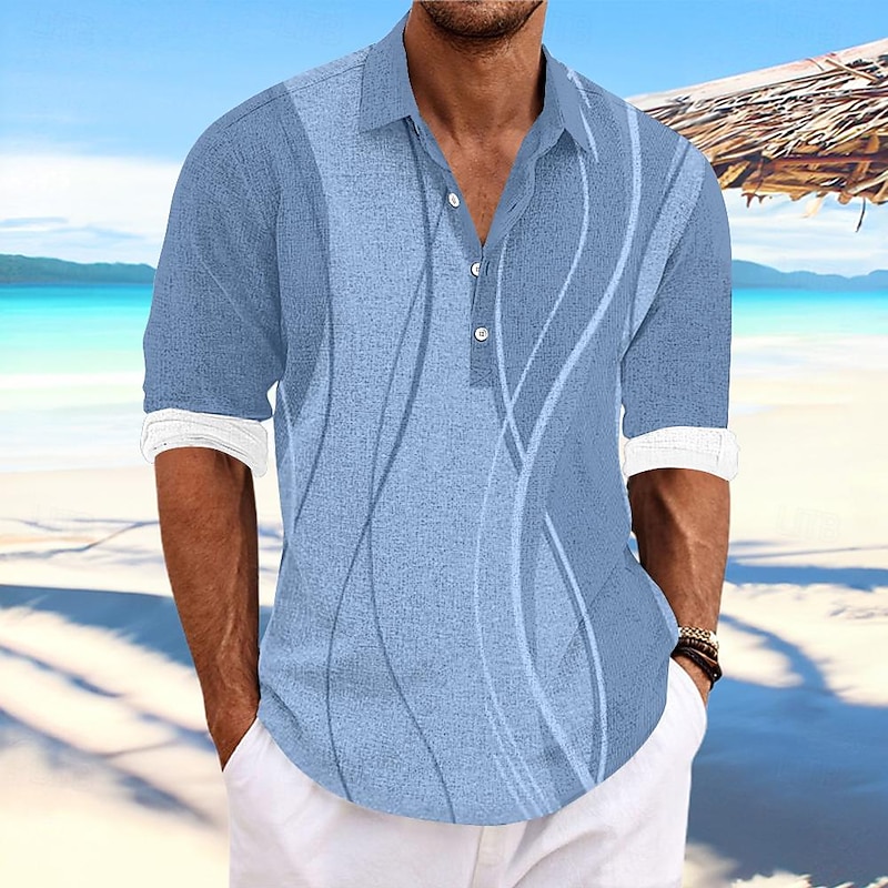 Men's Lines / Waves Geometric Pattern Button Up Shirt Henley Shirt Long Sleeve Hawaiian Resort Outdoor Casual Summer Spring Fall Turndown Pink Blue Khaki Gray