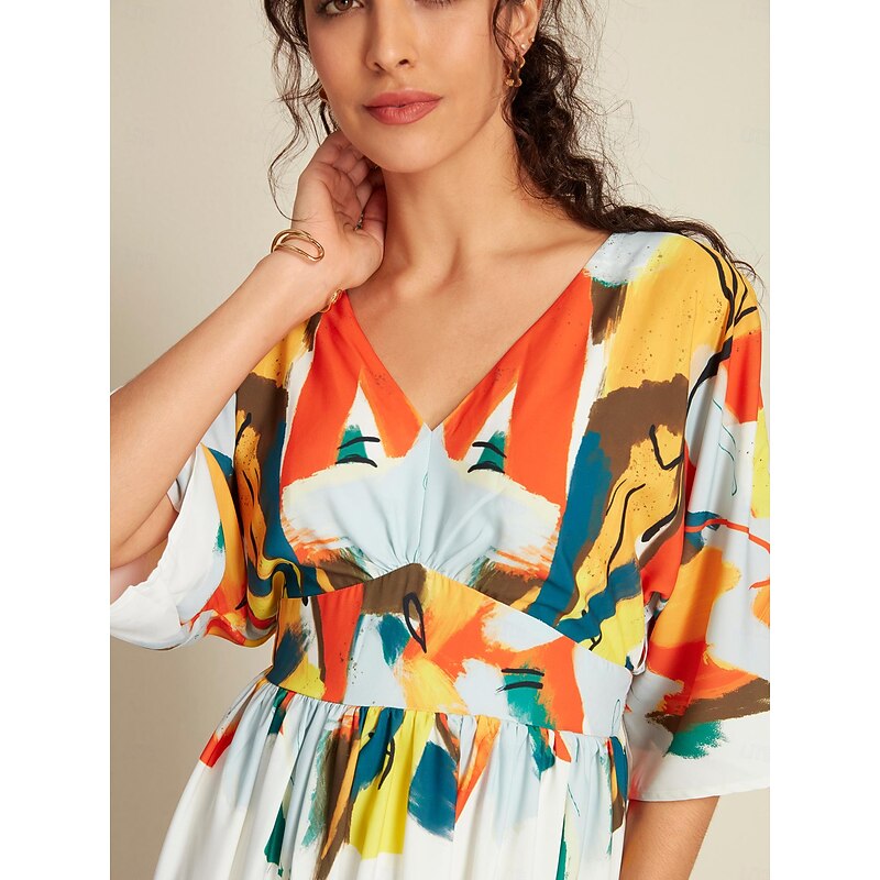 Satin Graphic Tie Back V Neck Half Sleeve Hem Maxi Dress3